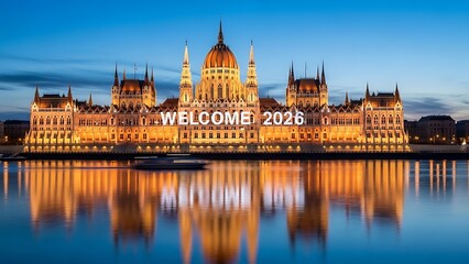 Fototapeta premium Hungarian Parliament Building at dusk with reflection in river