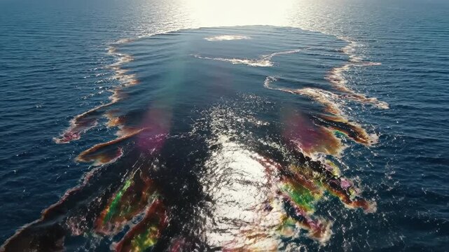 Environmental disaster with a toxic crude oil slick floating on blue water. The sun reflects off the surface creating a shimmering effect