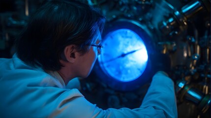 A scientist examines a glowing blue scientific instrument with a dial inside a futuristic laboratory setting