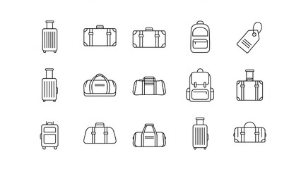 Collection of travel luggage icons and outline symbols for bags, suitcases, and backpacks.