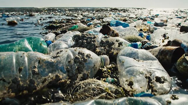 Plastic waste and garbage floating in the sea. Discarded bottles and other debris create a devastating environmental problem for marine life