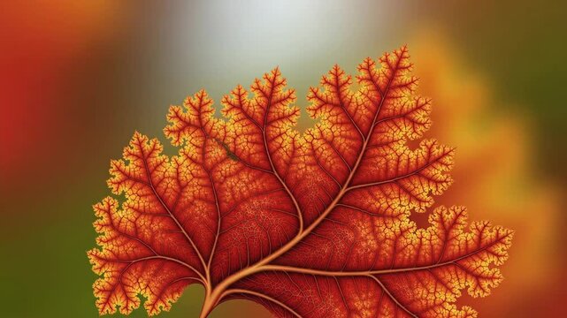 Close-up of a vibrant, digitally-rendered leaf with intricate vein details and a warm color palette.