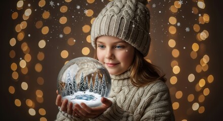 Naklejka premium Young child holding magical snow globe with festive bokeh lights creating a whimsical winter scene
