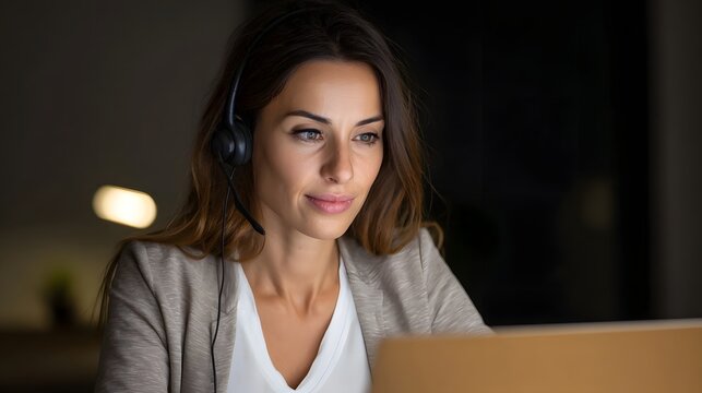 A professional woman wearing a headset concentrates while working on a laptop in a dimly lit environment late at night