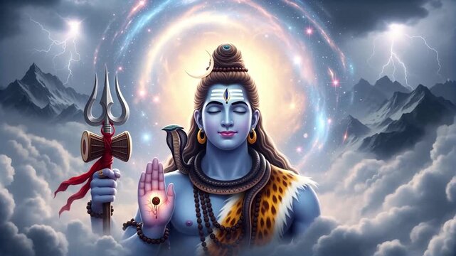 Divine Lord Shiva Appearing from Cosmic Light with Trishul and Blessing Gesture