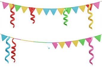 Two vibrant 3D rendered party streamers with spiraling red, green, yellow, pink, blue ribbons, glossy and translucent, arcing over a transparent background with copy space. Cheerful celebration