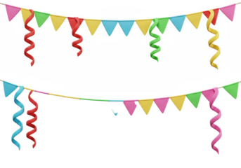 Two vibrant 3D rendered party streamers with spiraling red, green, yellow, pink, blue ribbons, glossy and translucent, arcing over a transparent background with copy space. Cheerful celebration