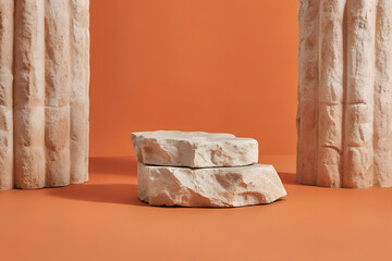 Earthy Product Podium between Classical Columns on a Terracotta Orange Background