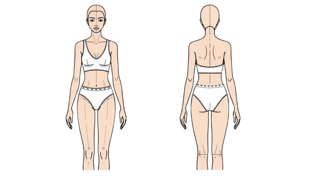 Female fashion croquis template showing front and back views for garment design illustration