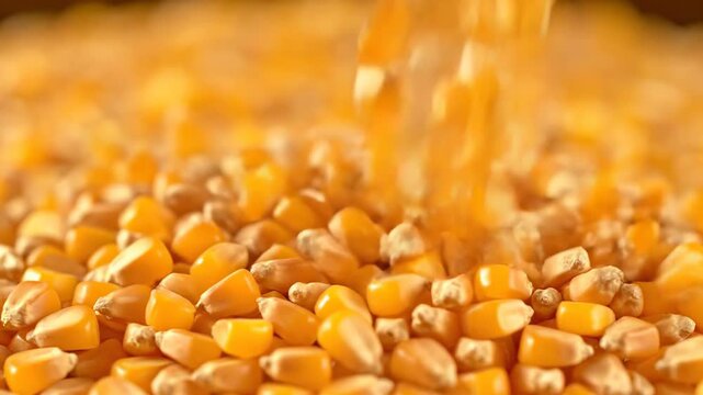 Macro close up of drought tolerant golden corn kernels pouring and cascading onto a pile, highlighting texture, abundance, and sustainable grain harvest for agriculture and food production