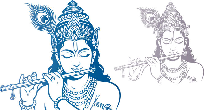 Striking vector illustration featuring dual representations of Lord Krishna a revered Hindu deity gracefully playing his flute against a stark black background emphasizing devotional artistic symmetry