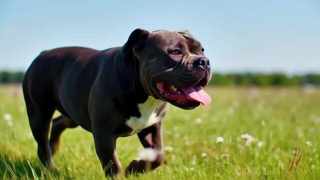 A dark-brown dog with a white chest, tongue out, walks across a grassy field on a sunny day