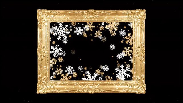 Golden Frame Snowflake Background - This video features a golden ornate frame set against a black background filled with falling white and gold snowflakes.