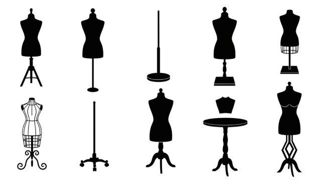 Various dressmaker's mannequin silhouettes displayed against a white background
