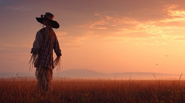 A lonely scarecrow stands watch over silent fields at sunrise, bathed in soft golden light, symbolizing protection, patience, and the quiet guardianship of the land.
