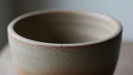 Empty flower pot with crack on wooden table in soft natural light  