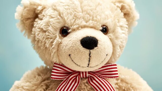 Humorous stop motion animation featuring a chatty teddy bear. This iconic plush toy is fluffy and cuddly, complete with a charming grin and a stylish red and white bow tie