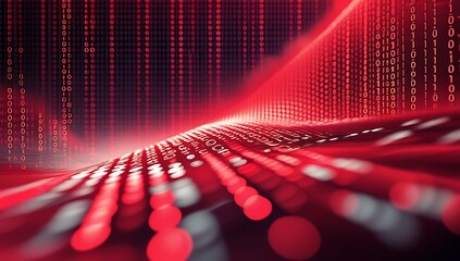 Vibrant red binary code tunnel with glowing data stream