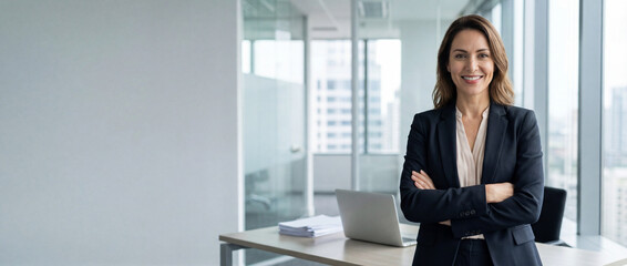 Beautiful hispanic senior business woman with crossed arms smiling at camera. European or latin confident mature middle age leader female businesswoman standing at office workplace, copy space. 