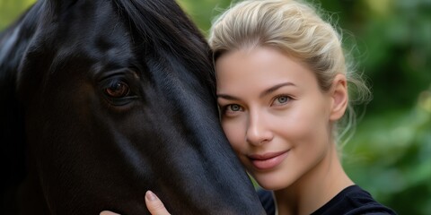 Caucasian young female bonding with black horse outdoors