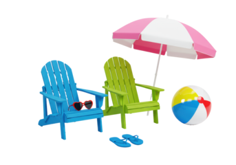 Blue and green Adirondack chairs, red heart sunglasses, pink and white umbrella, colorful beach ball, blue flip-flops on a transparent background, summer leisure concept