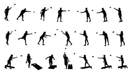 Cornhole game player silhouettes set. Bean bag toss outdoor lawn sport vector. © TMotioniq