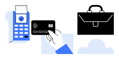Digital payments, e-commerce, contactless transactions, business operations, financial security, cashless society. Payment terminal, hand holding a credit card briefcase icon. Digital payments
