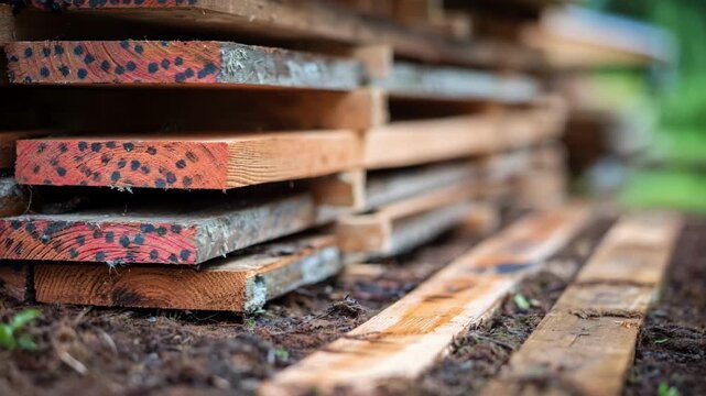 Medium shot capturing a stack of lumber outdoors with spacers separating layers illustrating natural airdrying techniques that prevent warping and enhance wood durability.