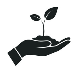 Hand holding a young plant ranked as eco-friendly growth icon, representing new growth, nature conservation, and sustainable development, suitable for environmental and green projects.