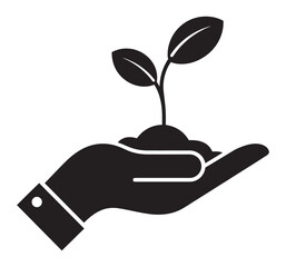 Hand holding a young plant illustration, high rank sustainability symbol, depicting nurturing, environmental care, conservation efforts, and eco-conscious development concepts.