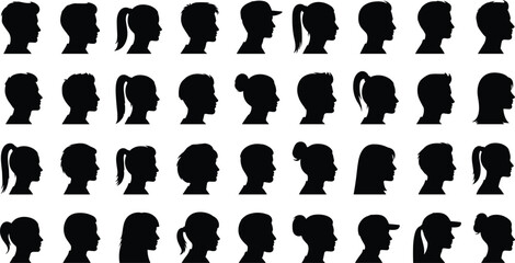 Male and female profile silhouette collection showing diverse hairstyles and head shapes, human avatar icons set, black vector illustration