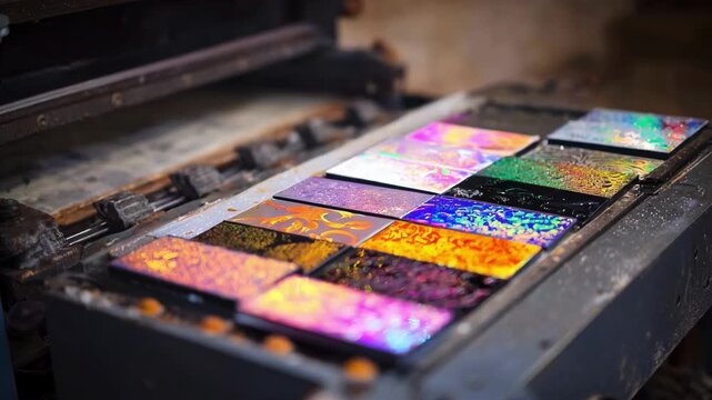 Detailed medium shot of holographic foil printing process featuring diverse iridescent foils being applied for luxury invitations and artistic cards.
