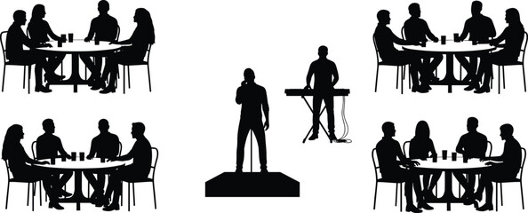 People silhouettes at café tables with singer and musician performing on stage, social gathering entertainment concept, nightlife event vector illustration