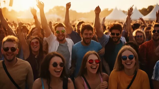 Excited crowd at sunset music festival. People celebrate with joy, dancing and cheering together. Vibrant atmosphere captures essence of summer music events.