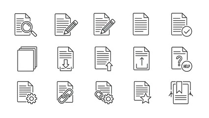 Document Icons Set: Search, Edit, Upload, Download, Link, Settings, Help, Favorite