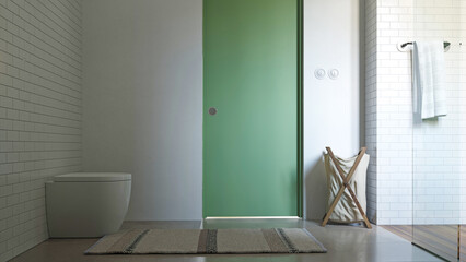 Modern bathroom interior with green door and white toilet. 3D rendering home design