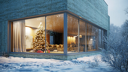 Modern house with glass windows in winter snow. Christmas tree in cozy living room interior