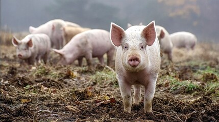 Piglet standing in mud with herd on farm