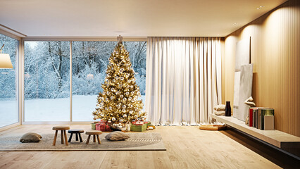 Modern interior with Christmas tree and snowy winter view. 3D rendering holiday home design