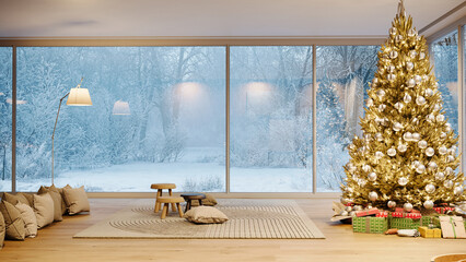 Modern living room with Christmas tree and snowy winter window view. 3D rendering