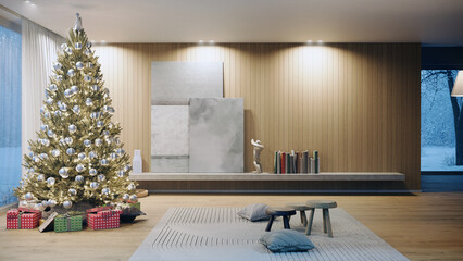 Modern living room with Christmas tree and gifts. Winter window view. 3D rendering