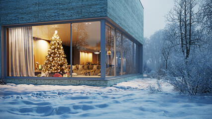Modern house with Christmas tree in winter. Snowy exterior and warm interior. 3D rendering