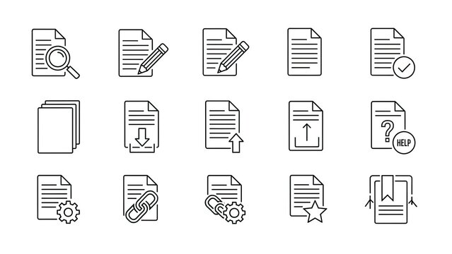 Document Icons Set: Search, Edit, Upload, Download, Link, Settings, Help, Favorite