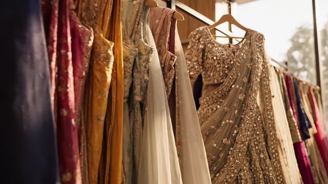 Elegant Indian wedding dresses and men's suits hanging on a rack in a clothing store. Beautifully embroidered sari and sherwani outfits