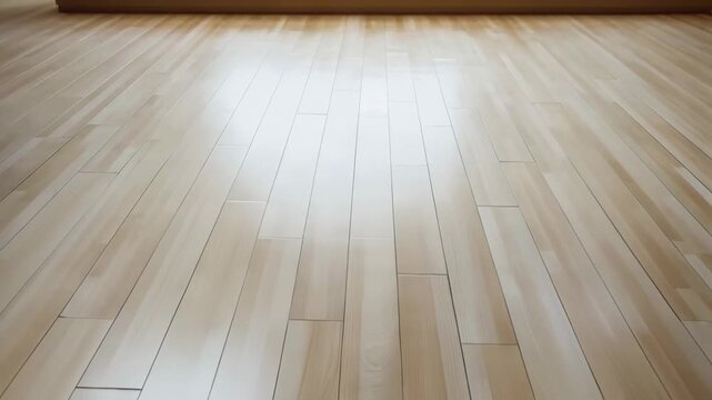 Empty hardwood floor with a polished surface reflecting light. The camera slowly pulls back, revealing more of the clean wooden planks
