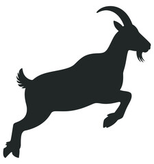 Dynamic black silhouette of leaping ibex or mountain goat, ranked as nature and wildlife icon, in profile view, perfect for outdoor adventure designs, wildlife conservation, and animal-themed projects