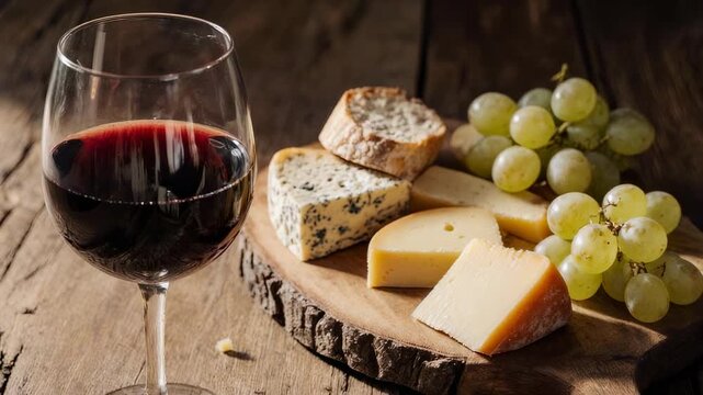 Elegant wine and cheese setup on rustic wooden table