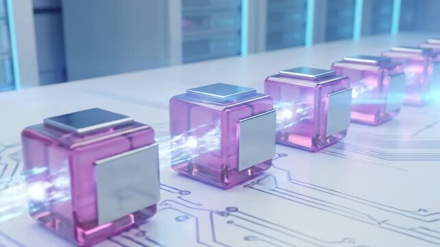 Data cubes activating in server rack. Smooth glowing connections forming network. Cloud computing visualization of quantum data flow and AI big data management. video footage video footage