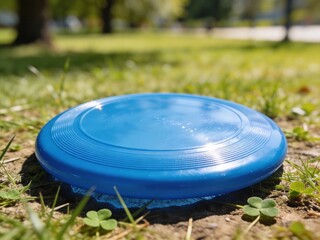 A blue frisbee is laying on the ground in a grassy field