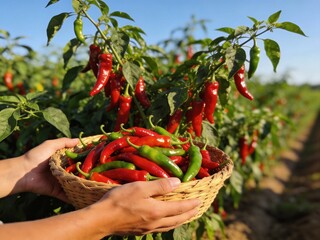 A person is holding a basket full of red peppers